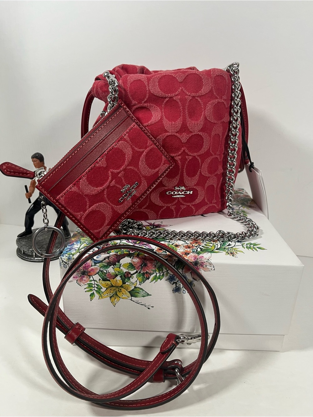 Bundle Coach Faye Mini Drawstring Bag Signature Denim with ID case NWT